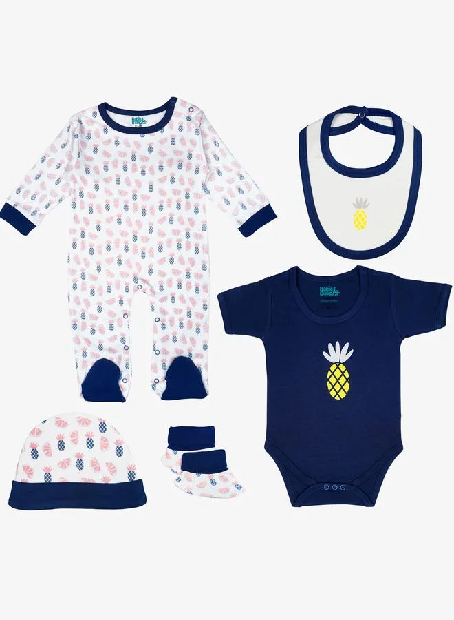 Babies Basic 5-Piece 100% Cotton Bib, Romper, Mittens, Cap and Sleepsuit Set